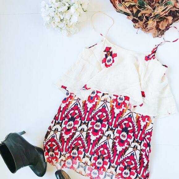 Zara Ivory Pink Aztec Print Sleeveless Ruffled Tank Top Women's Size Small - Picture 1 of 5